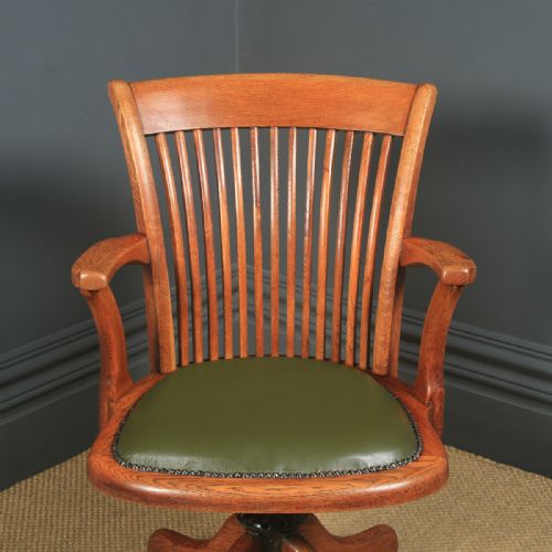 fig 2. Antique English Edwardian Oak & Green Leather Revolving Office Desk Arm Chair (Circa 1910)