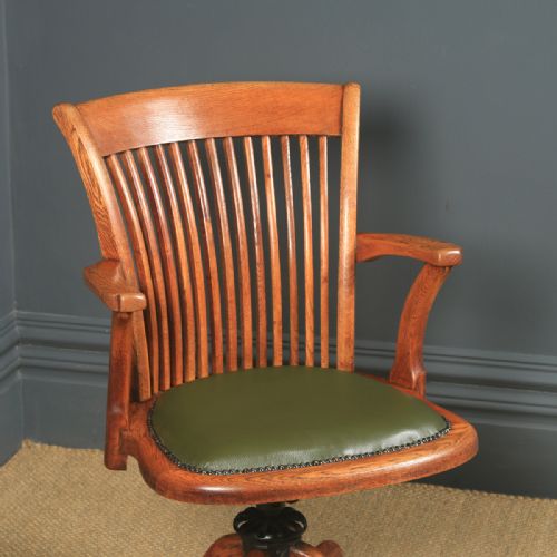 fig 3. Antique English Edwardian Oak & Green Leather Revolving Office Desk Arm Chair (Circa 1910)