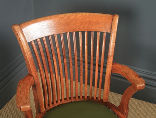 fig 4. Antique English Edwardian Oak & Green Leather Revolving Office Desk Arm Chair (Circa 1910)