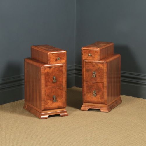 Antique English Pair of Art Deco Burr Walnut Skyscraper Bedside Cabinets  (Circa 1930)
