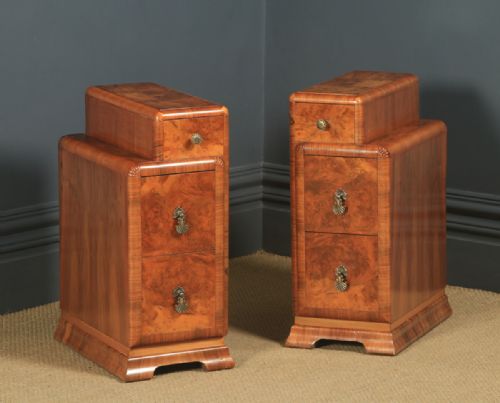 fig 1. Antique English Pair of Art Deco Burr Walnut Skyscraper Bedside Cabinets  (Circa 1930)