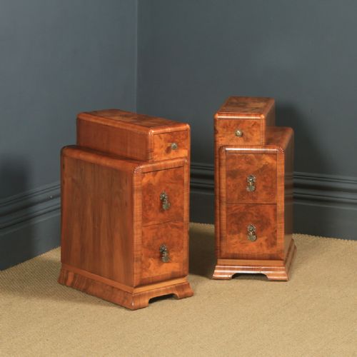 fig 2. Antique English Pair of Art Deco Burr Walnut Skyscraper Bedside Cabinets  (Circa 1930)