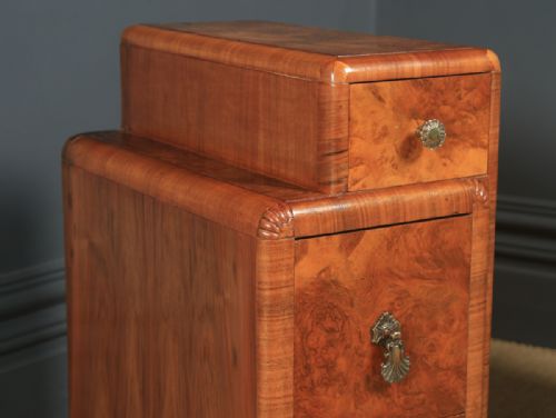 fig 3. Antique English Pair of Art Deco Burr Walnut Skyscraper Bedside Cabinets  (Circa 1930)