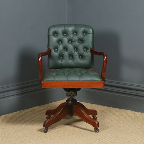 fig 1. Antique English George V Mahogany & Green Leather Upholstered Revolving Office Desk Arm Chair (Circa 1920)