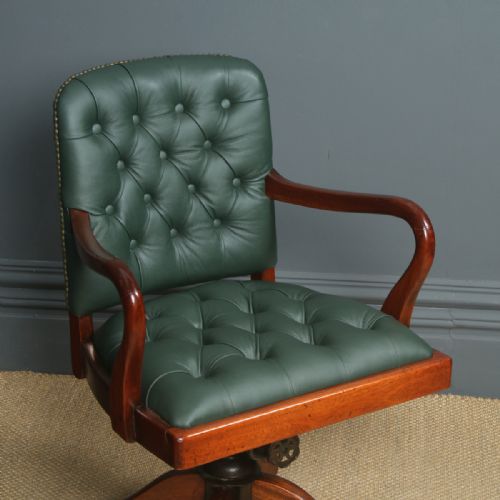 fig 2. Antique English George V Mahogany & Green Leather Upholstered Revolving Office Desk Arm Chair (Circa 1920)
