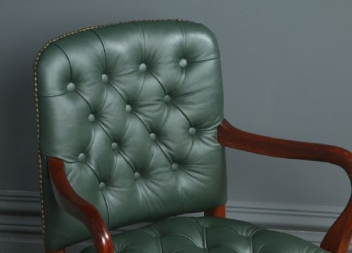 fig 4. Antique English George V Mahogany & Green Leather Upholstered Revolving Office Desk Arm Chair (Circa 1920)