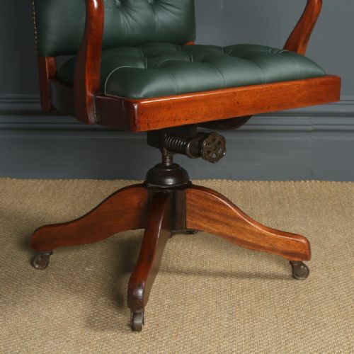 fig 5. Antique English George V Mahogany & Green Leather Upholstered Revolving Office Desk Arm Chair (Circa 1920)