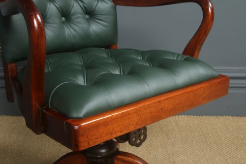 fig 7. Antique English George V Mahogany & Green Leather Upholstered Revolving Office Desk Arm Chair (Circa 1920)