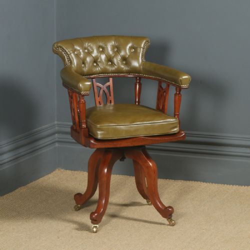 Antique English Victorian Aesthetic Mahogany & Green Leather Revolving Office Desk Arm Chair (Circa 1880)
