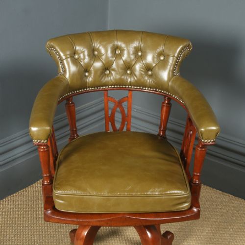 fig 1. Antique English Victorian Aesthetic Mahogany & Green Leather Revolving Office Desk Arm Chair (Circa 1880)