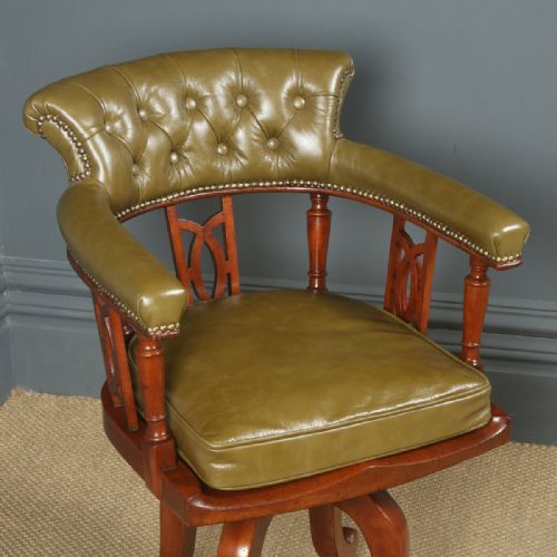 fig 2. Antique English Victorian Aesthetic Mahogany & Green Leather Revolving Office Desk Arm Chair (Circa 1880)