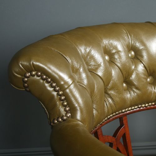 fig 3. Antique English Victorian Aesthetic Mahogany & Green Leather Revolving Office Desk Arm Chair (Circa 1880)