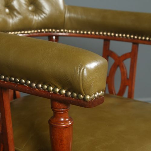 fig 4. Antique English Victorian Aesthetic Mahogany & Green Leather Revolving Office Desk Arm Chair (Circa 1880)