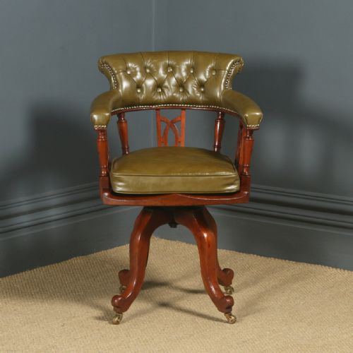 fig 5. Antique English Victorian Aesthetic Mahogany & Green Leather Revolving Office Desk Arm Chair (Circa 1880)