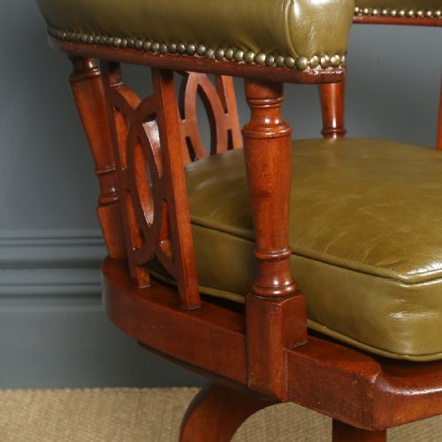 fig 6. Antique English Victorian Aesthetic Mahogany & Green Leather Revolving Office Desk Arm Chair (Circa 1880)
