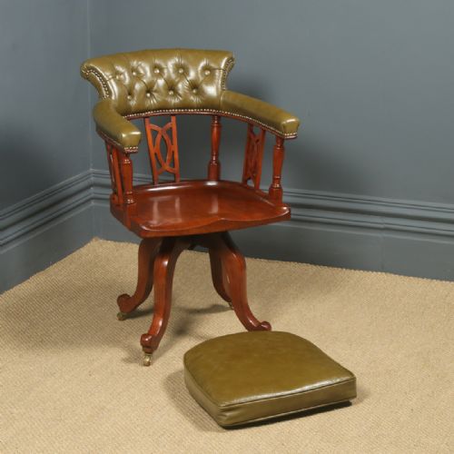 fig 7. Antique English Victorian Aesthetic Mahogany & Green Leather Revolving Office Desk Arm Chair (Circa 1880)