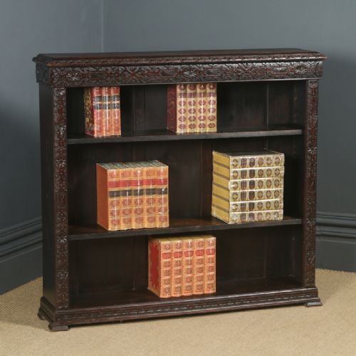fig 1. Antique English 17th Century Style Victorian Carved Open 4ft Bookcase Shelf (Circa 1880)