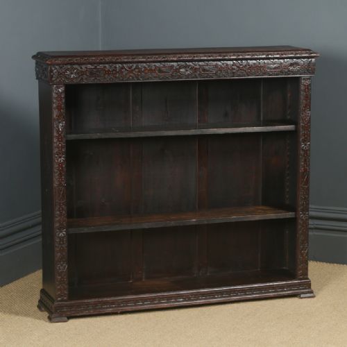 fig 2. Antique English 17th Century Style Victorian Carved Open 4ft Bookcase Shelf (Circa 1880)