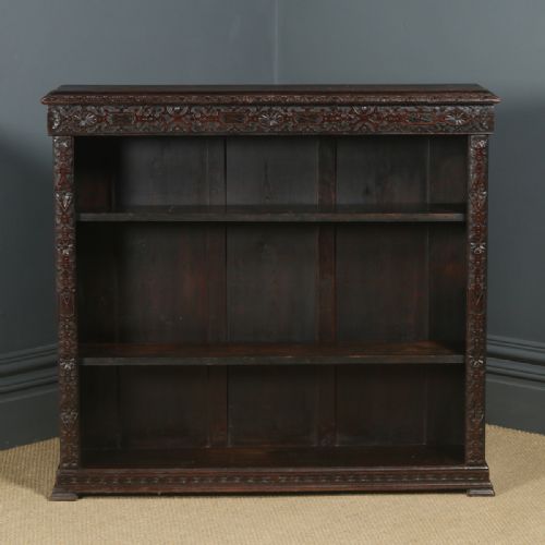 fig 6. Antique English 17th Century Style Victorian Carved Open 4ft Bookcase Shelf (Circa 1880)