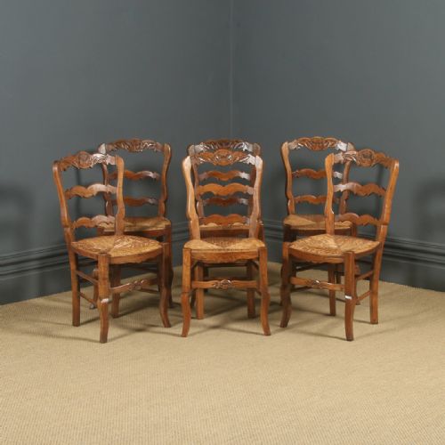 Antique French Set of 6 Six Louis XV Style Oak Ladder Back Rush Seat Kitchen Dining Chairs (Circa 1920)