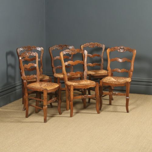 fig 1. Antique French Set of 6 Six Louis XV Style Oak Ladder Back Rush Seat Kitchen Dining Chairs (Circa 1920)