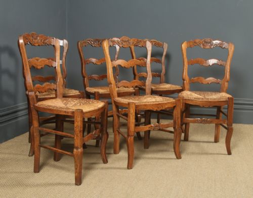 fig 2. Antique French Set of 6 Six Louis XV Style Oak Ladder Back Rush Seat Kitchen Dining Chairs (Circa 1920)