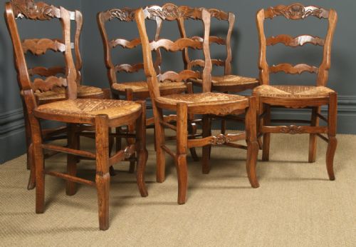 fig 3. Antique French Set of 6 Six Louis XV Style Oak Ladder Back Rush Seat Kitchen Dining Chairs (Circa 1920)