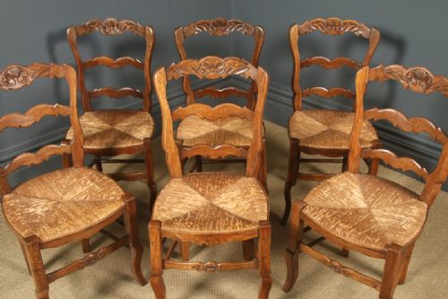 fig 4. Antique French Set of 6 Six Louis XV Style Oak Ladder Back Rush Seat Kitchen Dining Chairs (Circa 1920)