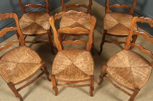 fig 5. Antique French Set of 6 Six Louis XV Style Oak Ladder Back Rush Seat Kitchen Dining Chairs (Circa 1920)