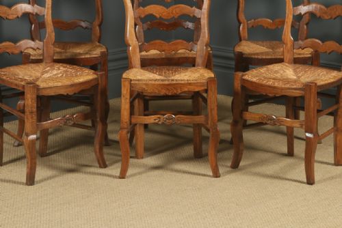 fig 6. Antique French Set of 6 Six Louis XV Style Oak Ladder Back Rush Seat Kitchen Dining Chairs (Circa 1920)