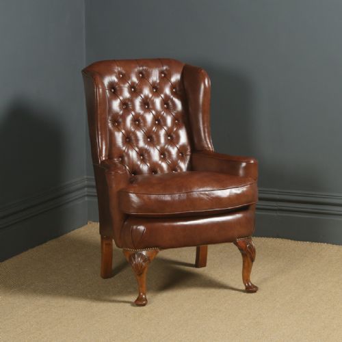 Antique English Queen Anne Style Brown Leather Walnut Wing Chair / Armchair (Circa 1910)