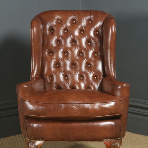 fig 1. Antique English Queen Anne Style Brown Leather Walnut Wing Chair / Armchair (Circa 1910)