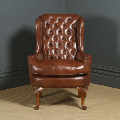 fig 2. Antique English Queen Anne Style Brown Leather Walnut Wing Chair / Armchair (Circa 1910)