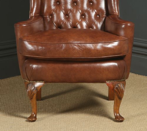 fig 3. Antique English Queen Anne Style Brown Leather Walnut Wing Chair / Armchair (Circa 1910)