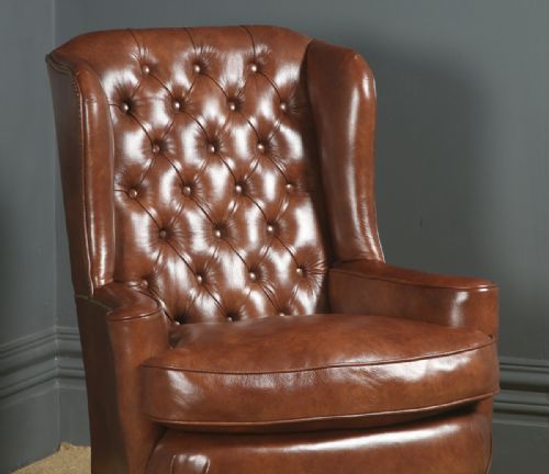 fig 4. Antique English Queen Anne Style Brown Leather Walnut Wing Chair / Armchair (Circa 1910)