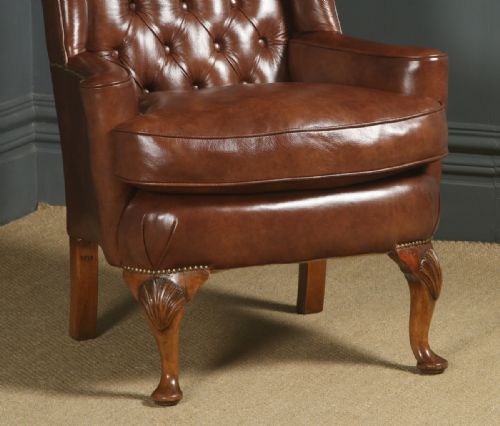 fig 5. Antique English Queen Anne Style Brown Leather Walnut Wing Chair / Armchair (Circa 1910)