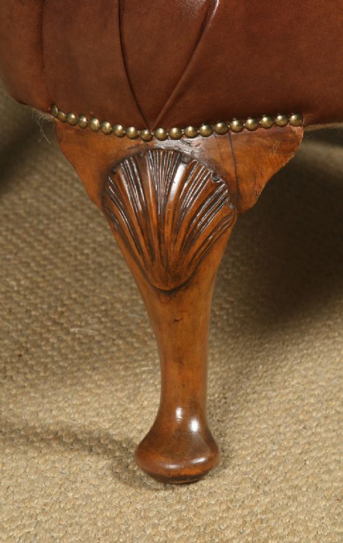 fig 6. Antique English Queen Anne Style Brown Leather Walnut Wing Chair / Armchair (Circa 1910)