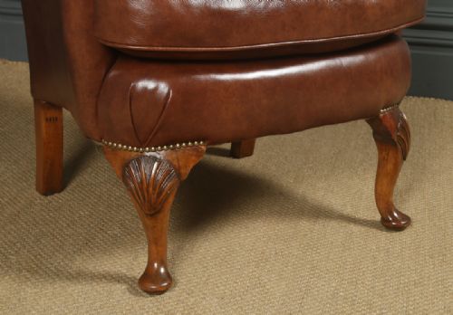 fig 7. Antique English Queen Anne Style Brown Leather Walnut Wing Chair / Armchair (Circa 1910)