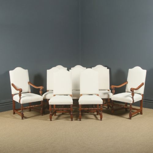 Antique English 17th Century Jacobean Style Set of Ten 10 Oak Upholstered Dining Chairs (Circa 1930)