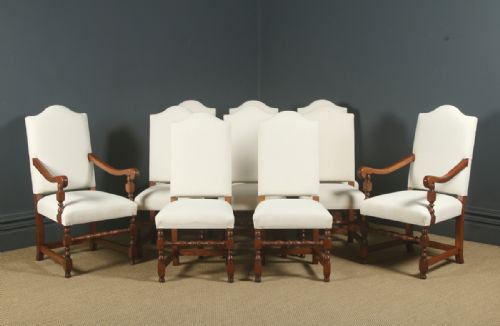 fig 1. Antique English 17th Century Jacobean Style Set of Ten 10 Oak Upholstered Dining Chairs (Circa 1930)