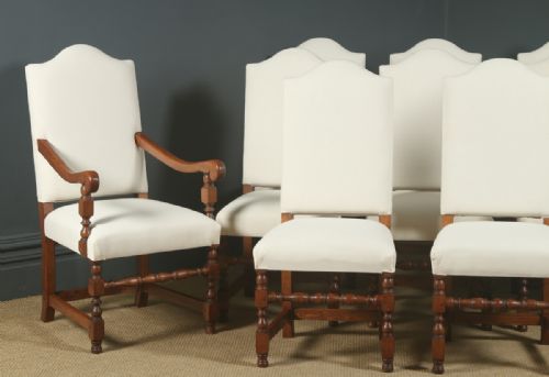 fig 2. Antique English 17th Century Jacobean Style Set of Ten 10 Oak Upholstered Dining Chairs (Circa 1930)