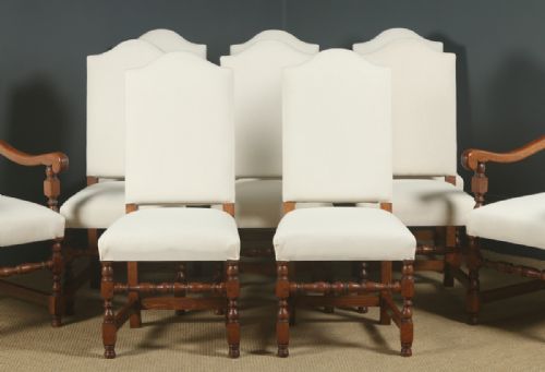 fig 3. Antique English 17th Century Jacobean Style Set of Ten 10 Oak Upholstered Dining Chairs (Circa 1930)