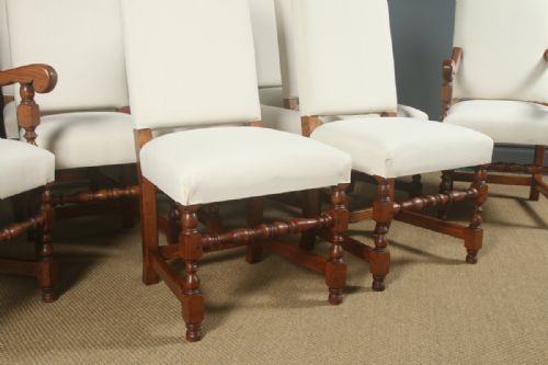 fig 4. Antique English 17th Century Jacobean Style Set of Ten 10 Oak Upholstered Dining Chairs (Circa 1930)