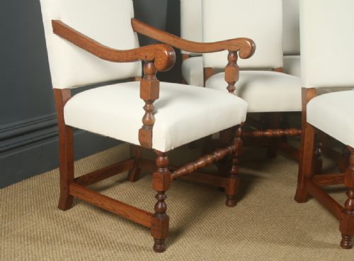 fig 5. Antique English 17th Century Jacobean Style Set of Ten 10 Oak Upholstered Dining Chairs (Circa 1930)