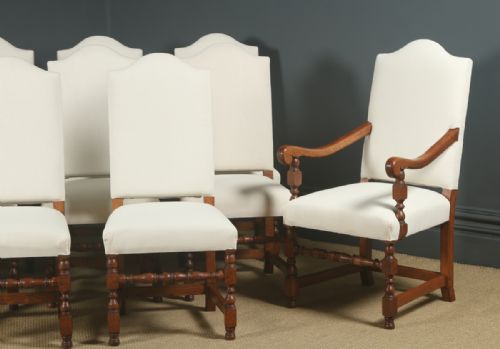 fig 6. Antique English 17th Century Jacobean Style Set of Ten 10 Oak Upholstered Dining Chairs (Circa 1930)