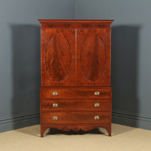 fig 1. Antique English Georgian Regency Flame Mahogany Linen Press Chest Wardrobe Armoire Cupboard (Circa 1830)