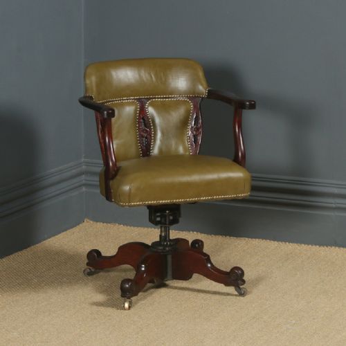 Antique English Edwardian Mahogany & Green Leather Upholstered Revolving Office Desk Arm Chair (Circa 1910)