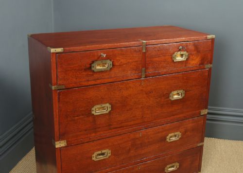 fig 1. Antique English Victorian Teak & Brass Military Campaign Chest of Drawers (Circa 1870) 