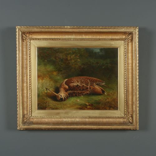 Antique English Victorian Oil Game Painting Picture of a Woodcock Bird by Abel Hold (Circa 1868)