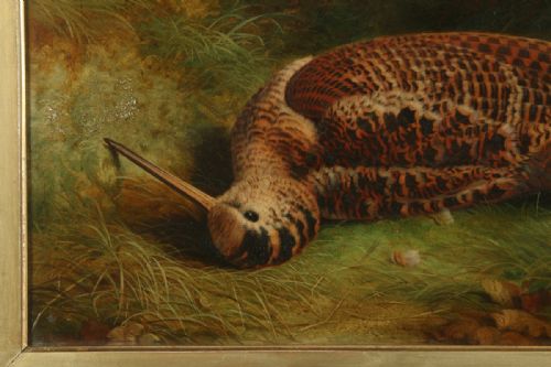 fig 1. Antique English Victorian Oil Game Painting Picture of a Woodcock Bird by Abel Hold (Circa 1868)